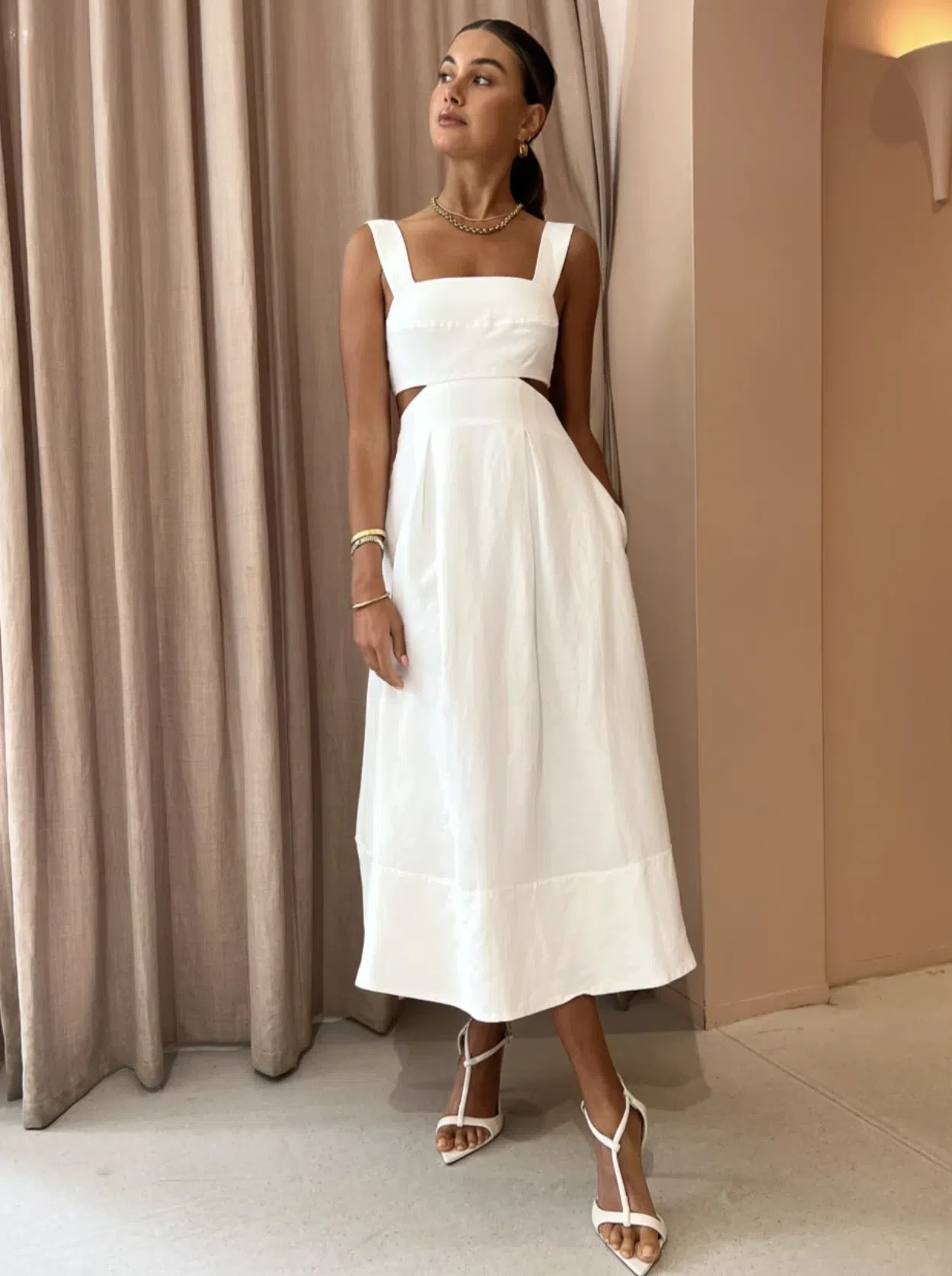 white christmas dresses Cut-Out Linen Dress TAHITI in White