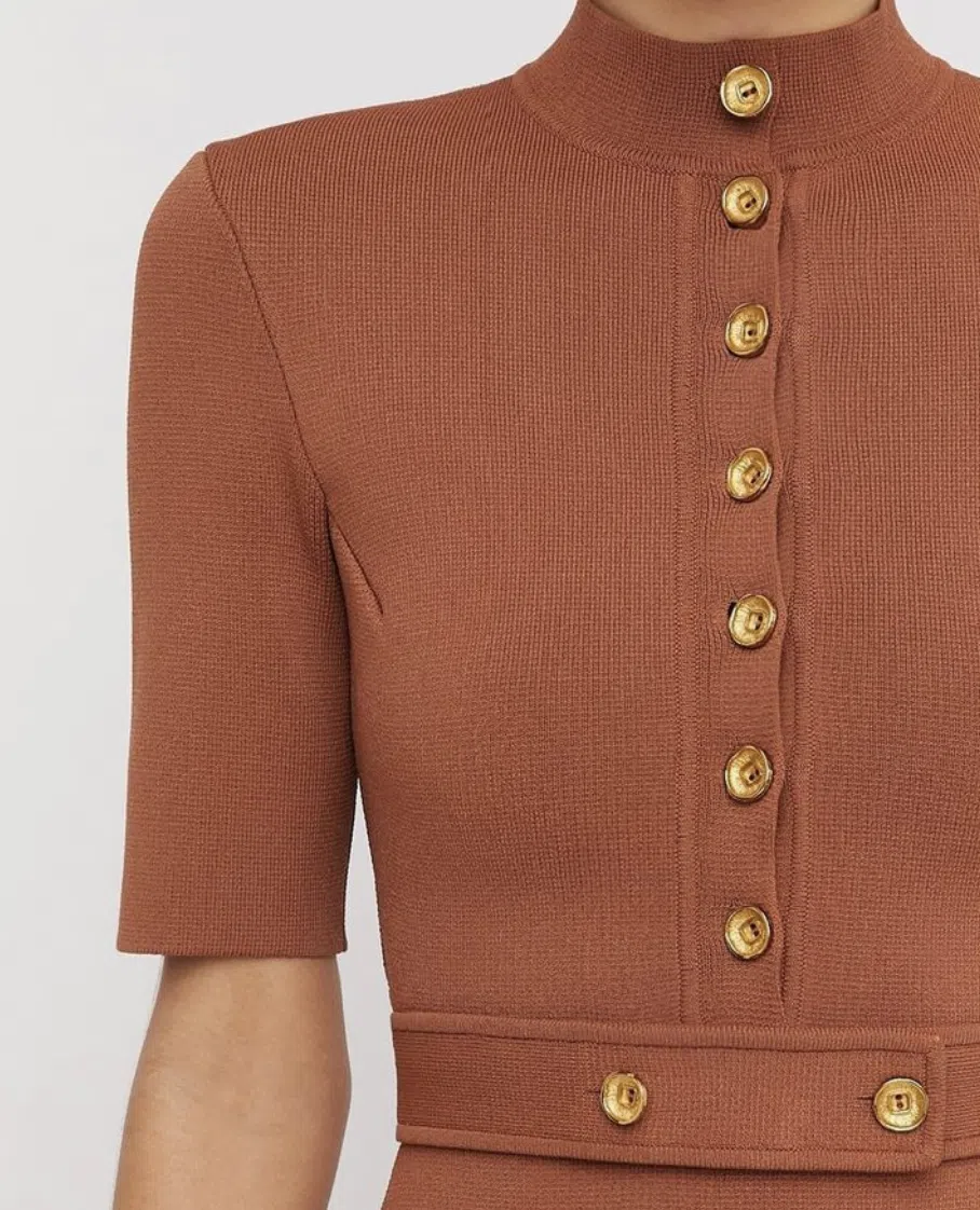 Scanlan Theodore Crepe Knit Mini Button Dress Hazel Brown Size 8 / S | The  Volte