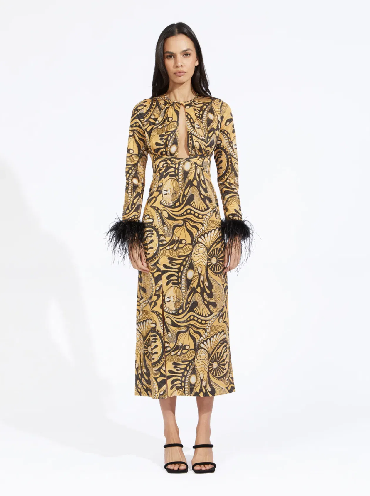 alice mccall black and gold dress The Imperial Gate Plunge Neck Draped Shoulder Dress