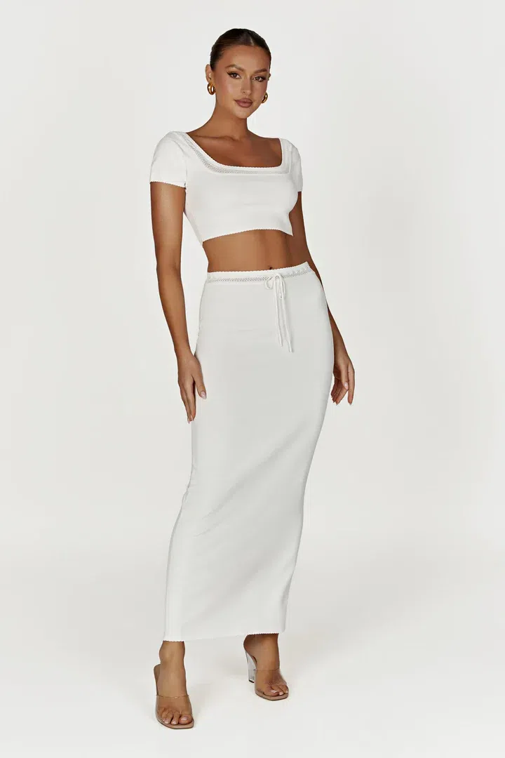MESHKI Penelope Pointelle Knit Crop Top and Maxi Skirt Set in White Si