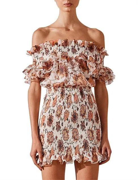 Shona Joy Baez Off The Shoulder Shirred Mini Dress Print Size 8