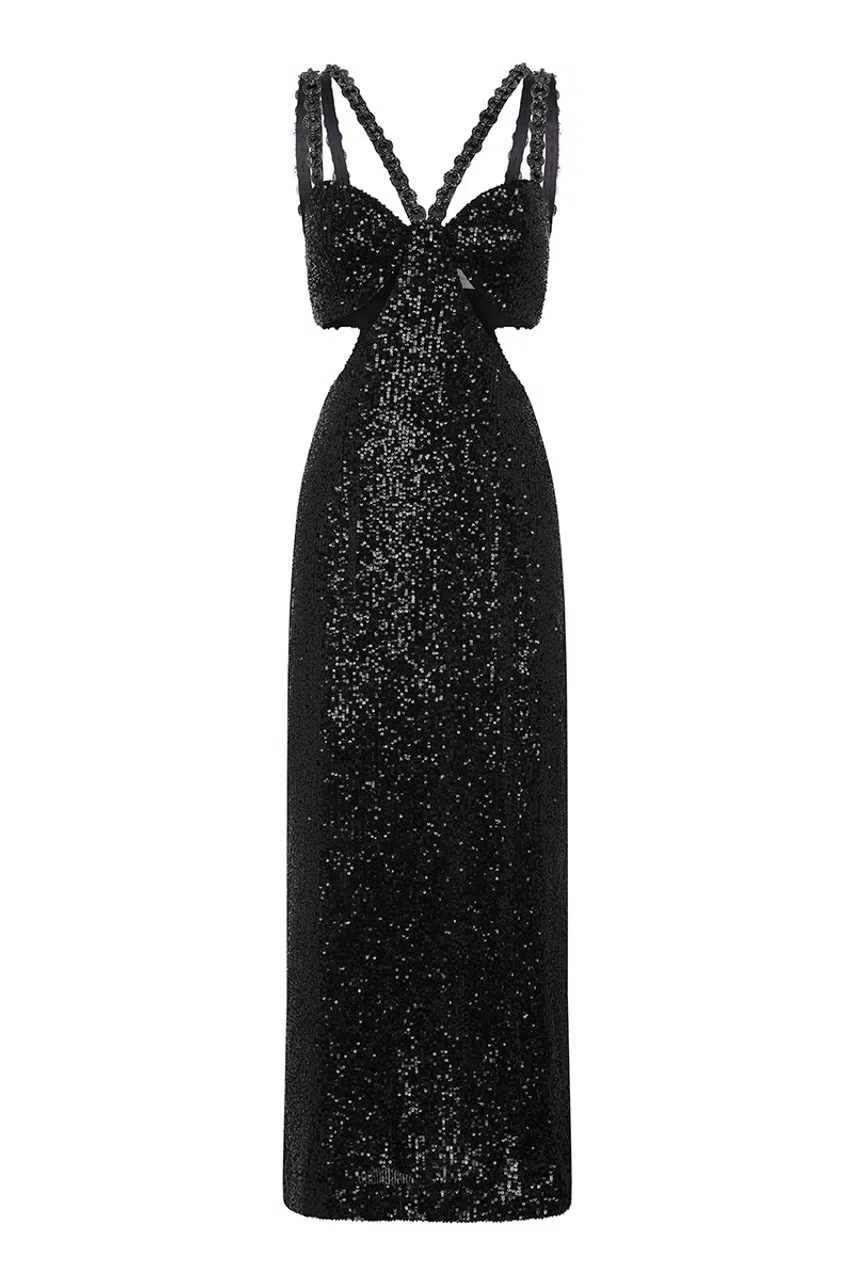 MESHKI Jasmyn Hot Fix Maxi Dress With Mesh Back Chocolate Size 4 | The Volte