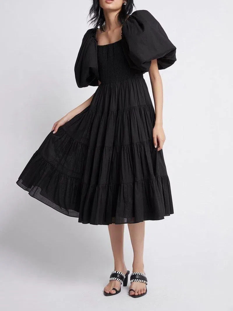 Aje Cherished Casa Puff Sleeve Midi Dress Black Tiered Size AU 8