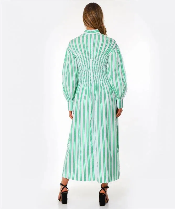 ganni green striped dress Ganni Stripped Collar Long Dress