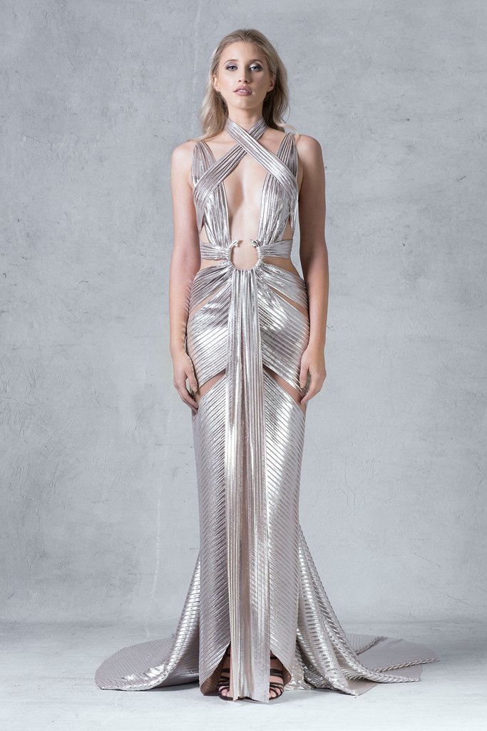 metallic silver gown