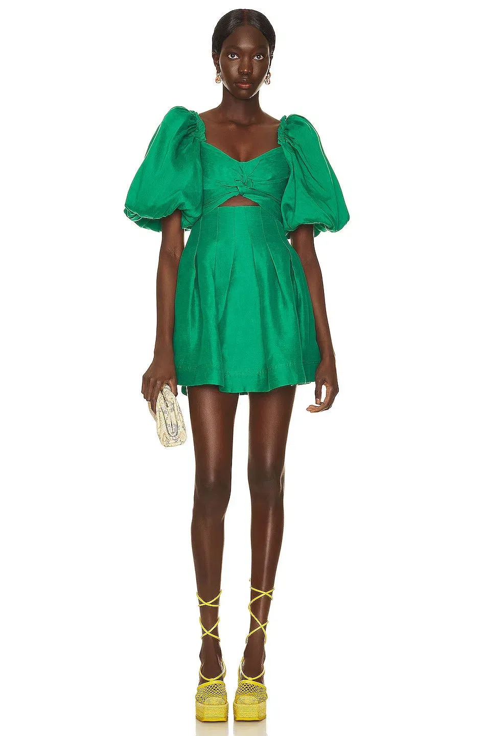 petite emerald green bardot puff sleeve mini dress AJE Dusk Knot Size 6 Babydoll