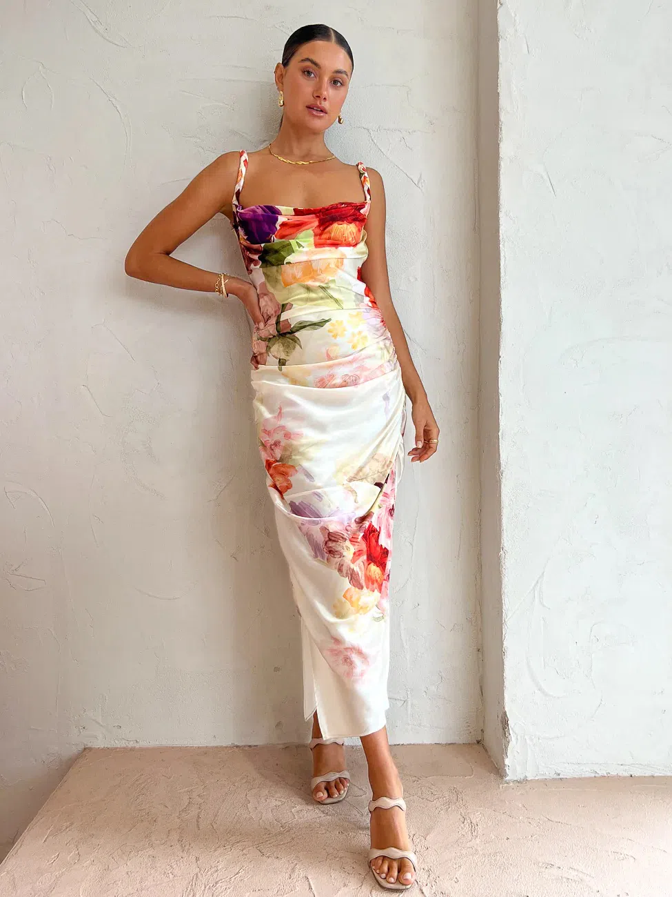 Leo Lin Rachel Cowl Neck Slip Dress Cascade Print Size AU 10