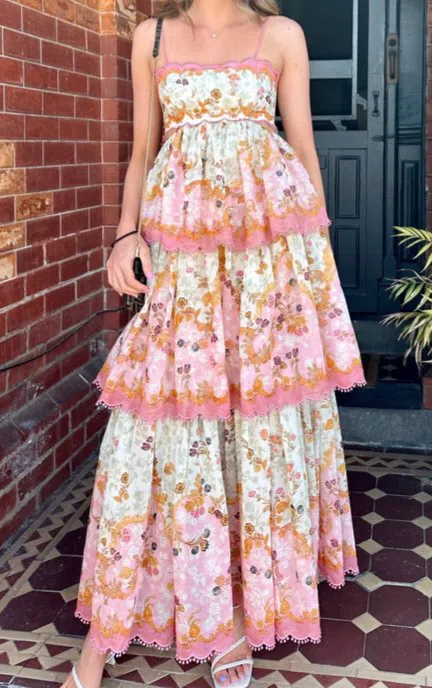 Zimmermann Laurel Frill Midi Dress Floral Cream Size 0 / AU 8 | The Volte