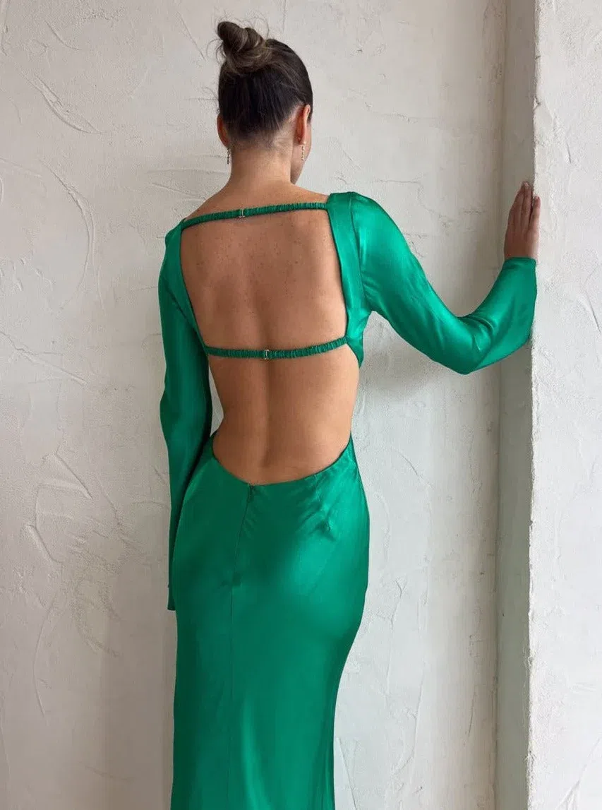 Shona Joy Lana Long Sleeve Open Back Midi Dress In Tree Green Size 6