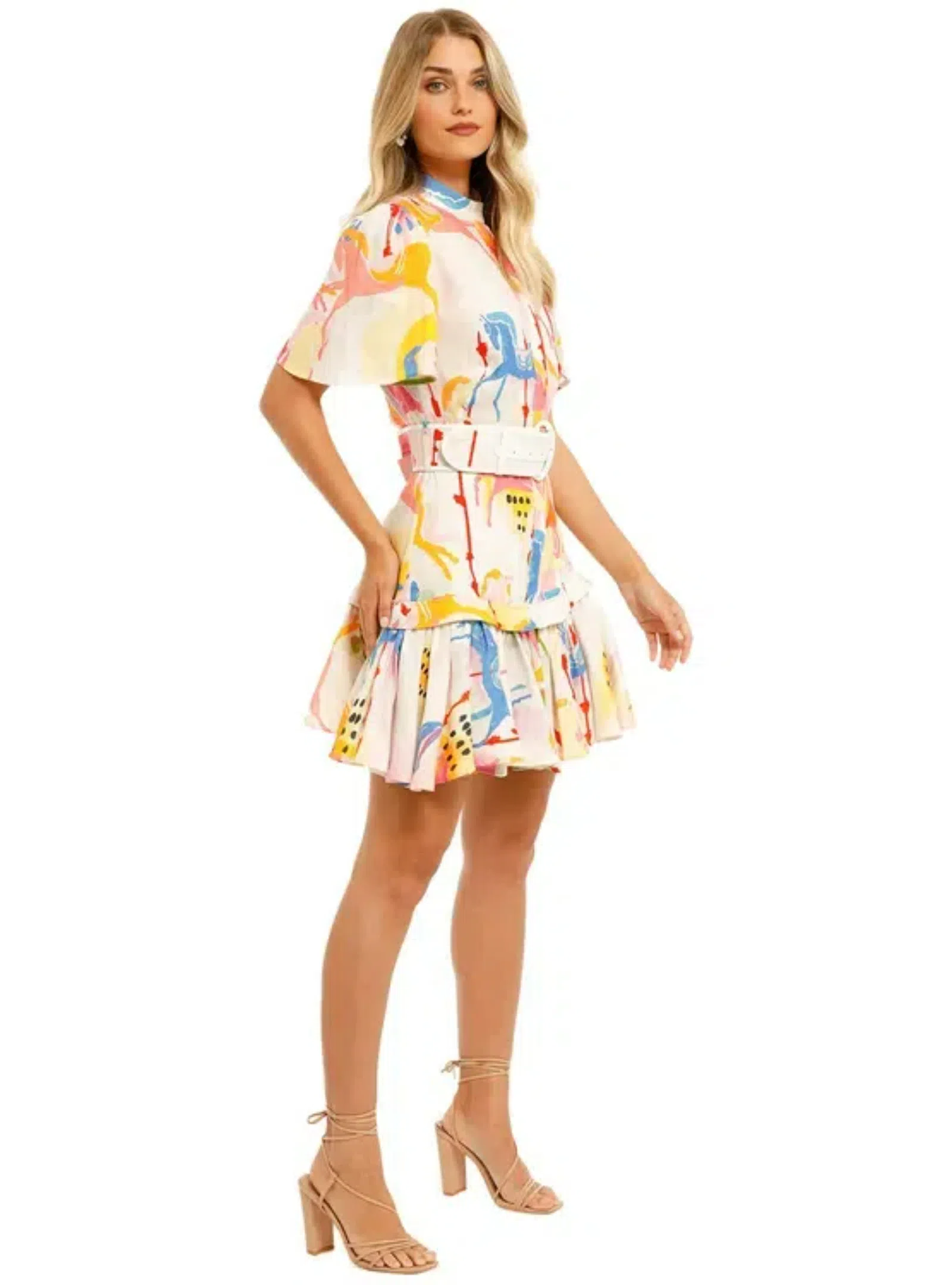 Leo & Lin Carousel Linen Shirt Dress Rainbow Carousel Multi Print Size AU  12 | The Volte