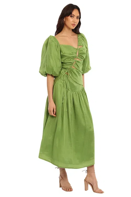 Acler Palms Pleated Satin Midi Dress Green Size 10 | The Volte