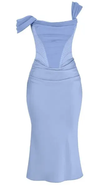 natalya sky satin corset midi dress Clothing : Midi Dresses : 'Natalya' Sky Satin Corset Midi Dress