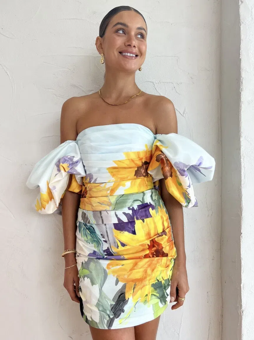 Leo Lin Brenda Puffy Sleeve Mini Dress Sunflower Print Size 6 | The Volte