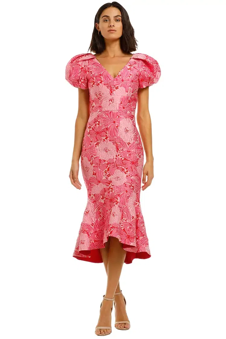 Leo Lin Matilda Puff Sleeve Midi Dress Opulent Print in Blush Size 14 | The  Volte
