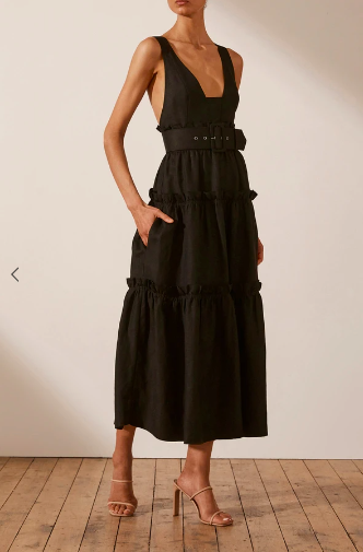NICOLETTE LINEN TIERED MIDI DRESS - BLACK | The Volte