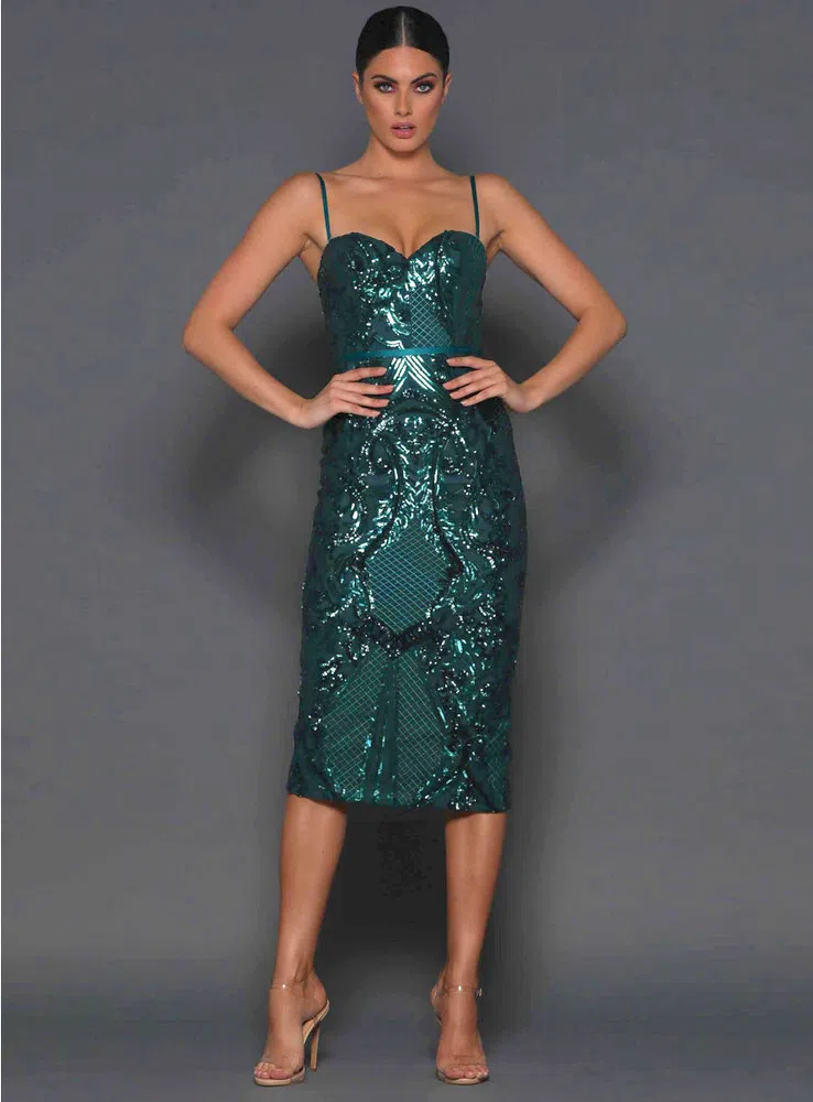 Elle Zeitoune Jones Sequin Midi Dress Emerald Green Size 10 | The Volte