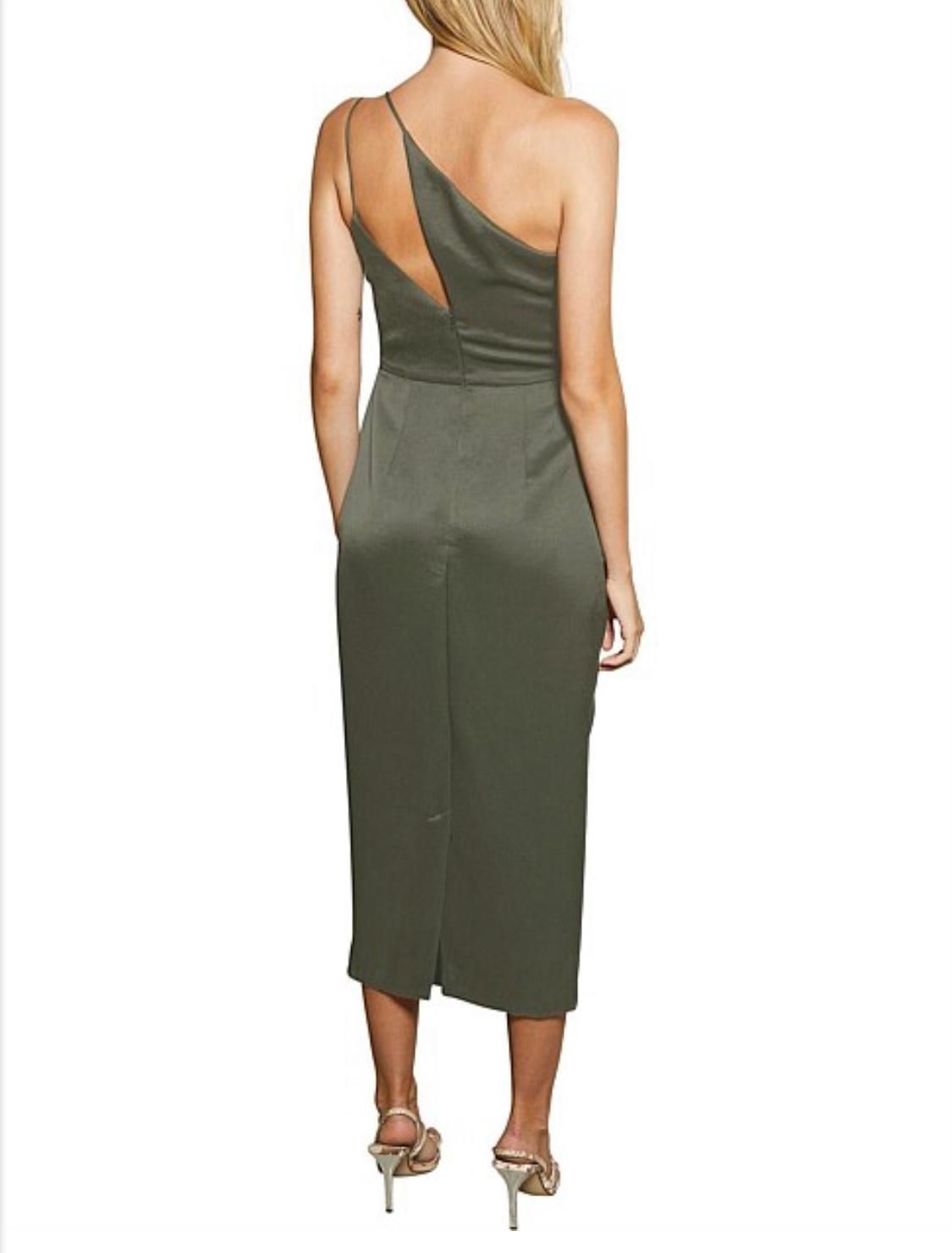 heels with olive green dress Olive Green Satin Ruffled Neckline Sleeveless A-Line Gown 2