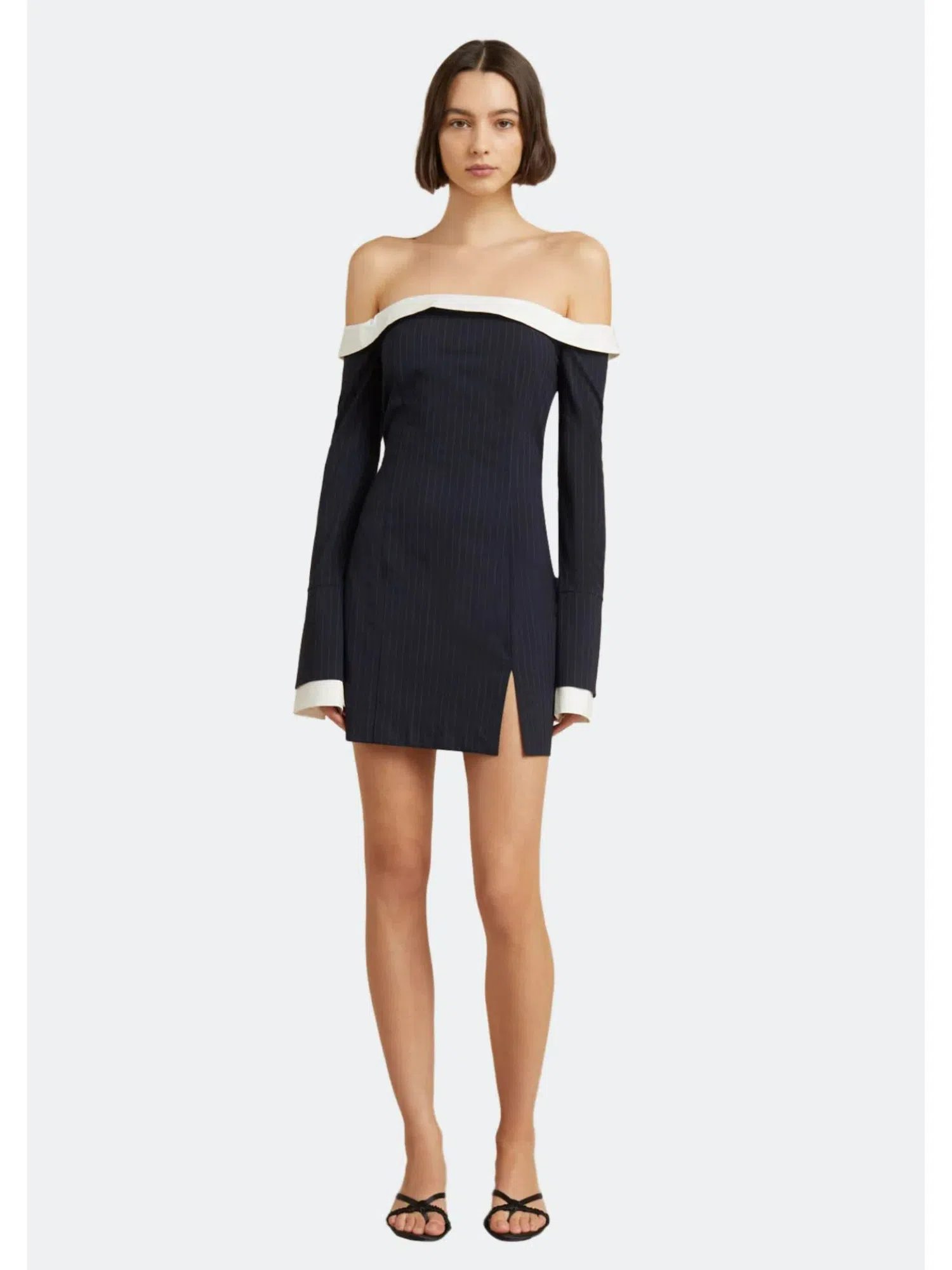 Bec Bridge Cece Off Shoulder Mini Dress in Ink Pinstripe Size XS