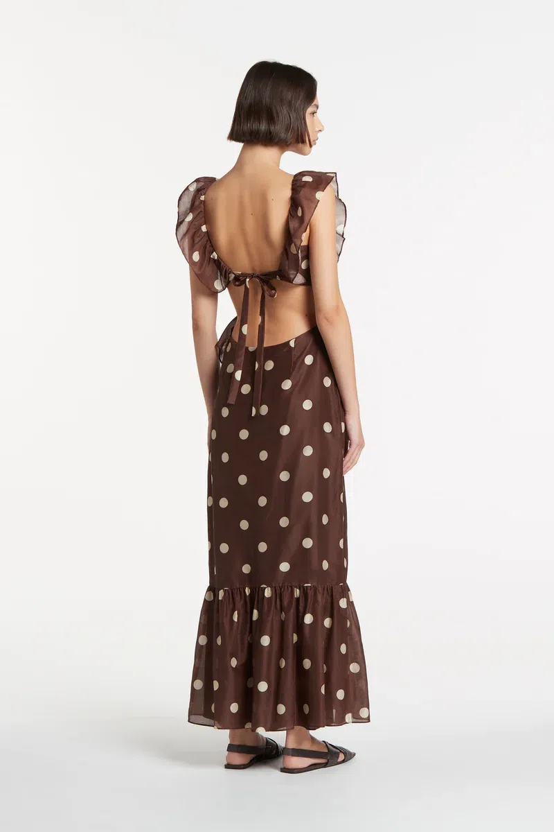 Sir the Label Vivi Frill Maxi Dress in Marlon Polka Dot Brown Size AU 8 |  The Volte