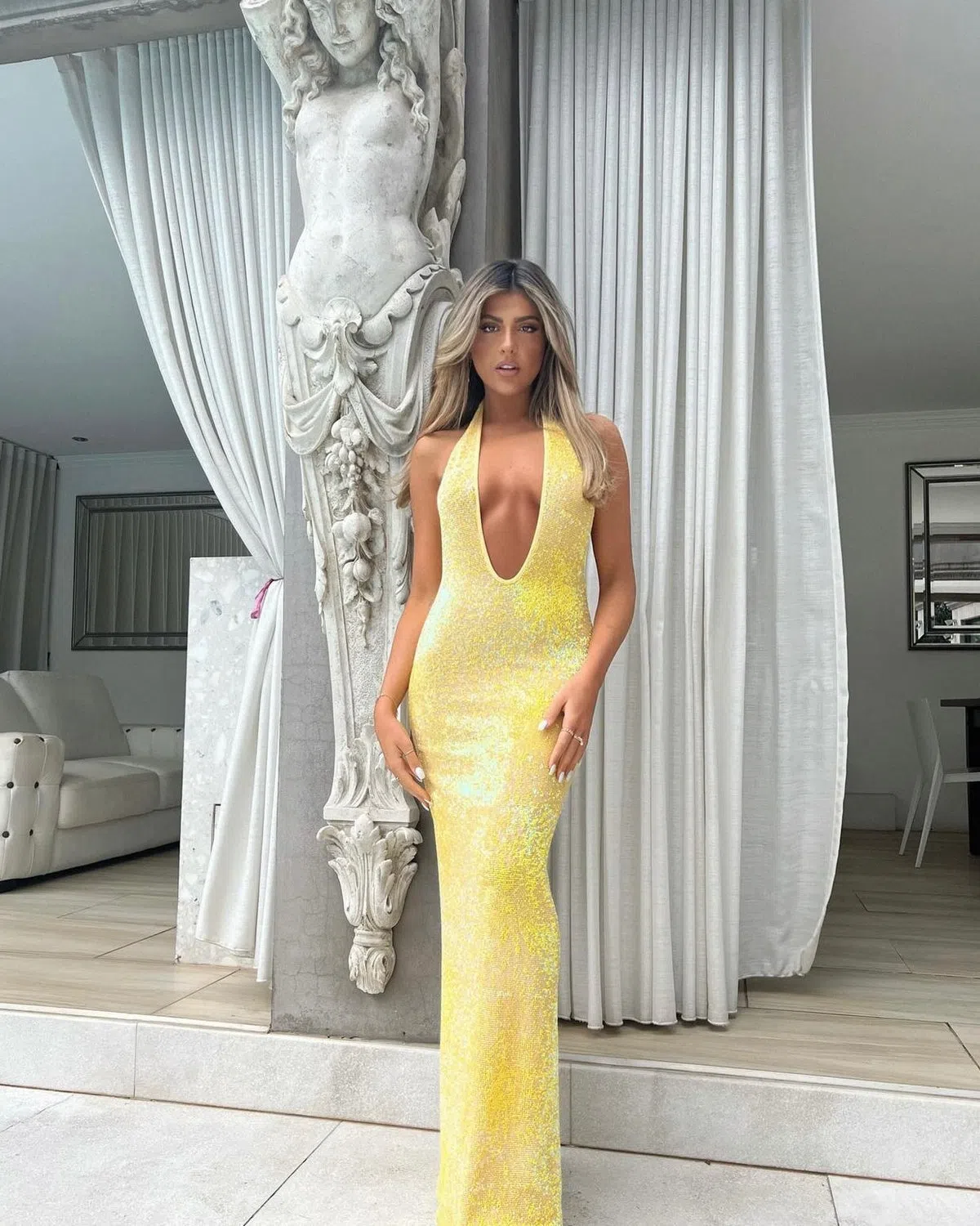 silver or gold with yellow dress Long Gold Prom Dresses Real Picture Sheer Top Luxury Sparkly Diamond V –  CHUMUSE main image 0