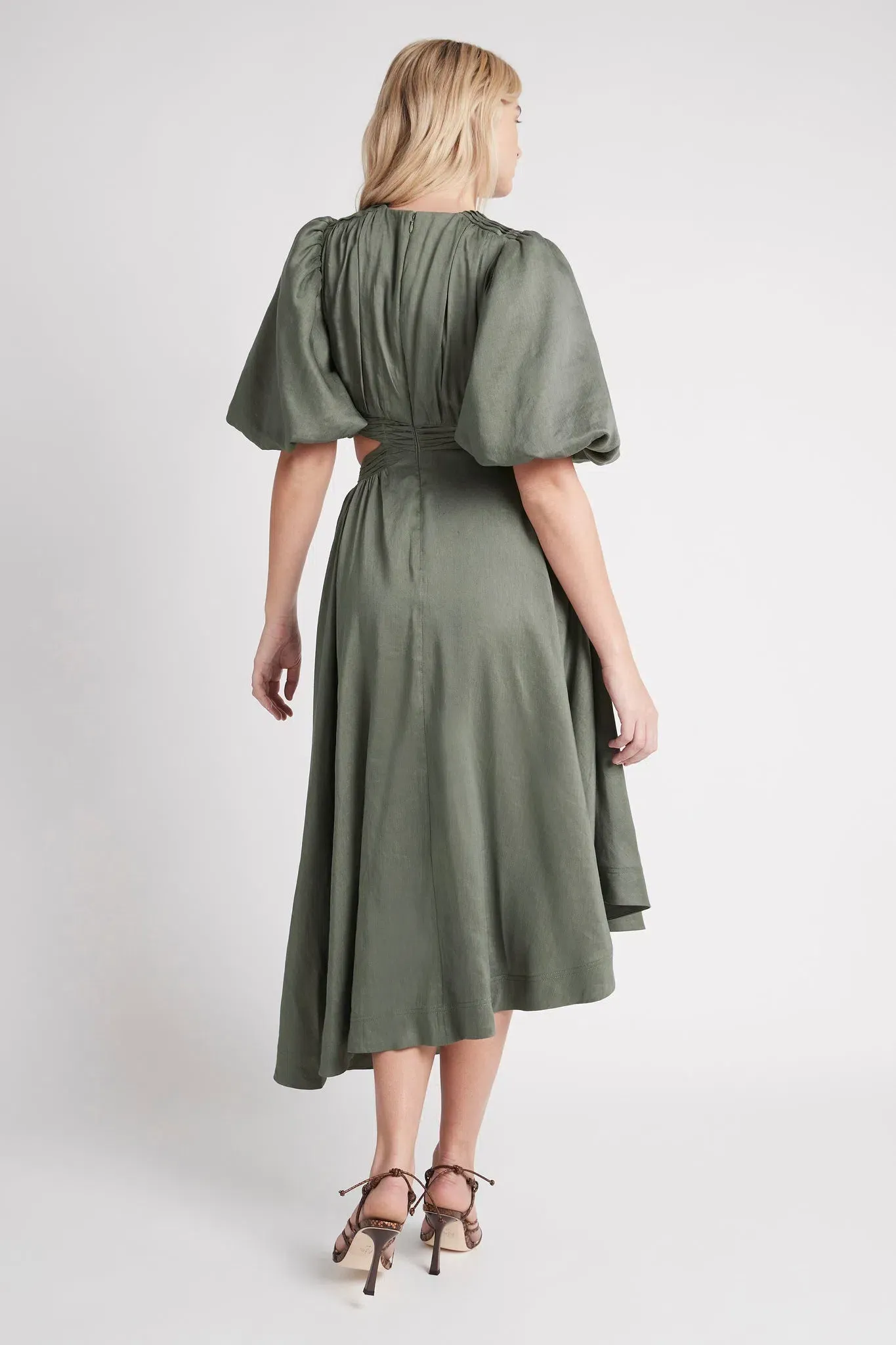 knee length dresses for ladies Aje Tidal Tucked Cut Out Midi Dress For Hire in Mama Rentals