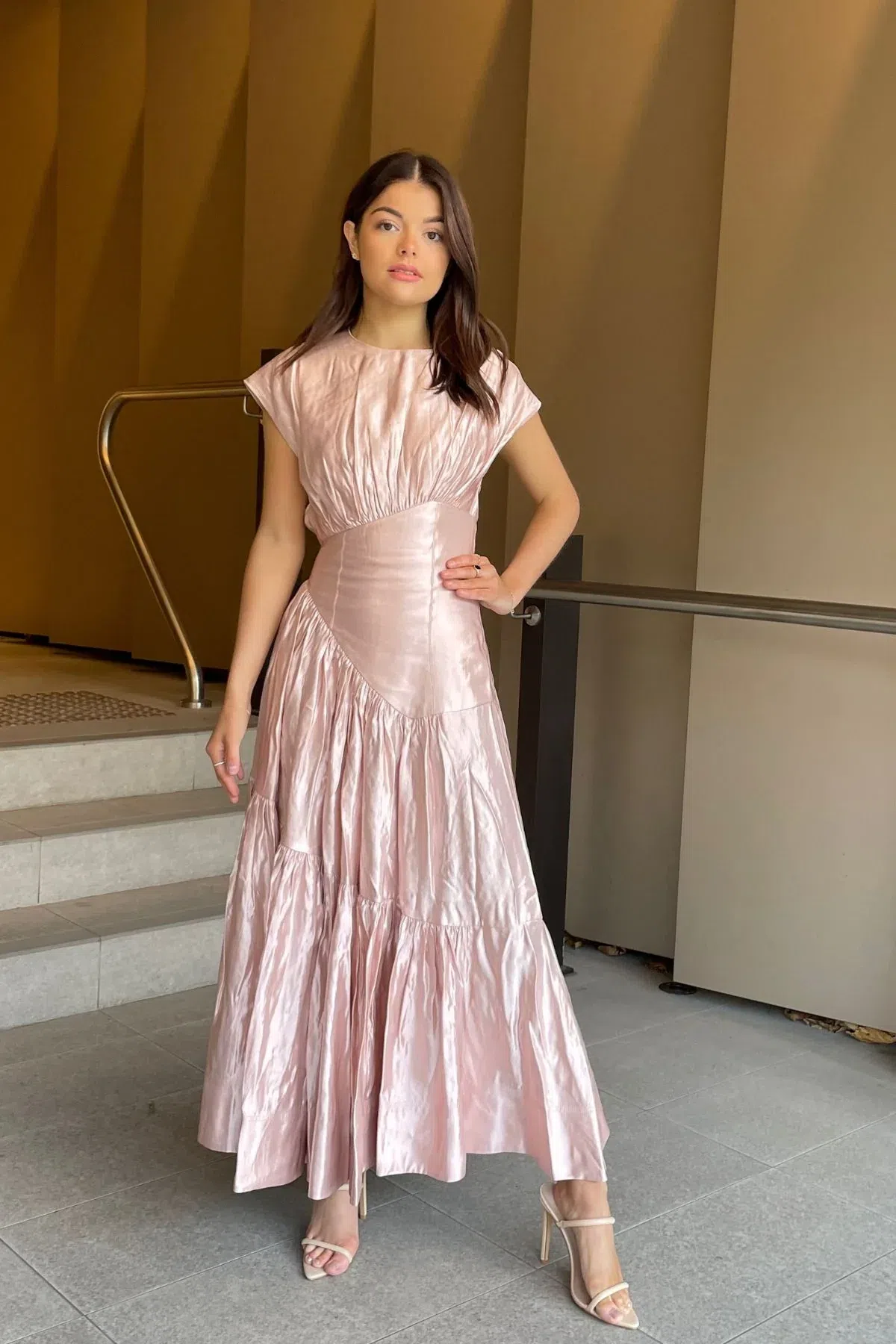 Shona Joy Arienzo Plunged Cross Back Midi Dress Ibis Rose Pink