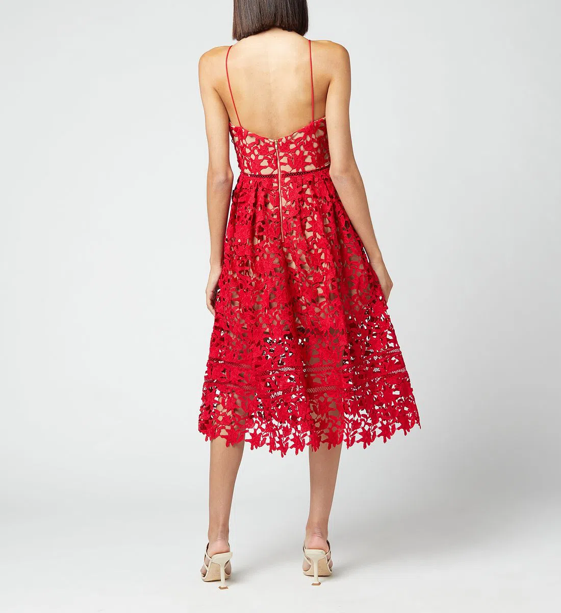 self portrait red embroidered midi dress self-portrait - Red Pearl Trim Knit Midi Dress