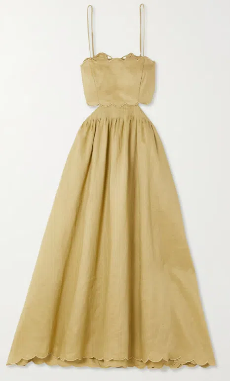 Zimmermann Jude Lace Up Cutout Scalloped Linen Voile Midi Dress Beige Size  0 / AU 8 | The Volte