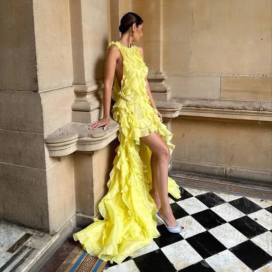 Rent or Hire Linen Ruffle Dress - Lemon Yellow