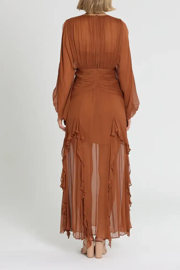 Shona Joy Leonie Balloon Sleeve Maxi Dress in Brown Size 6