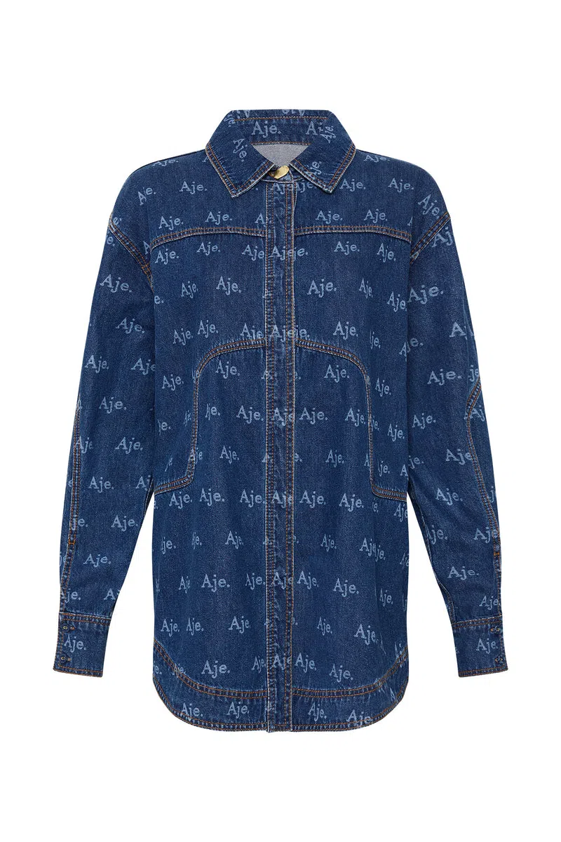 Aje Ratio Logo Denim Shirt and Mini Skirt Set Logo Wash Blue Size 16 | The  Volte