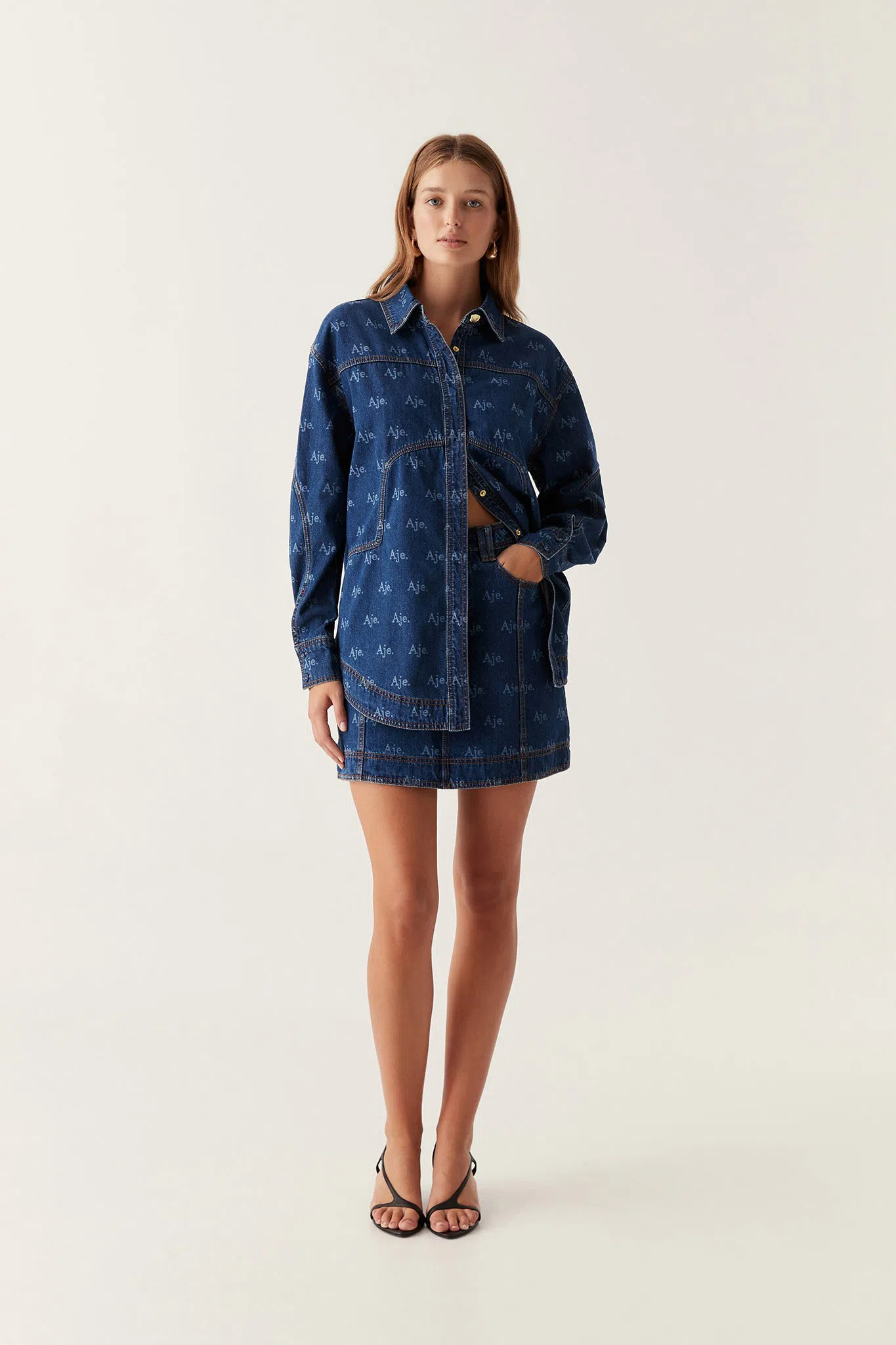 Aje Ratio Logo Denim Shirt and Mini Skirt Set Logo Wash Blue Size 16 | The  Volte