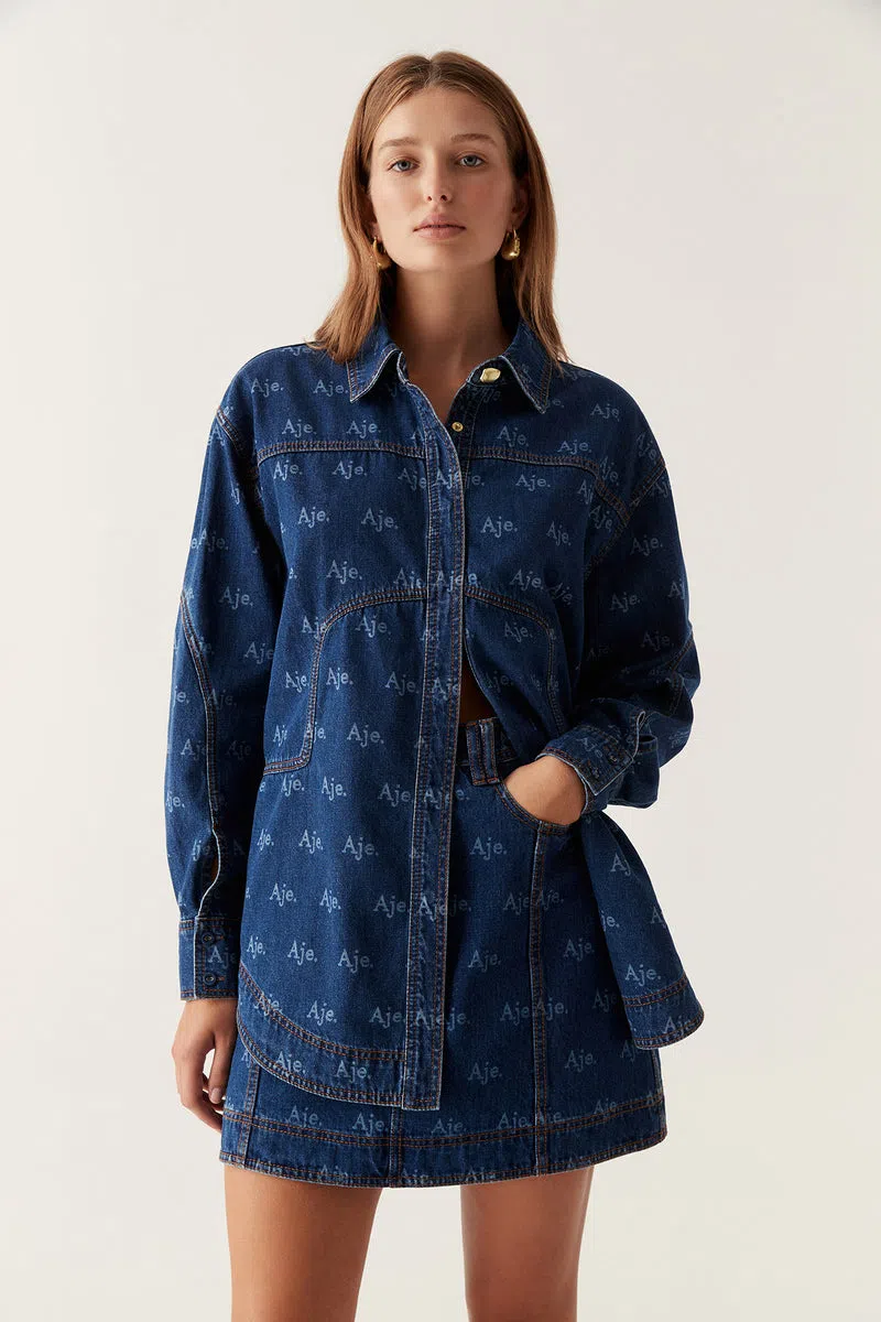 Aje Ratio Logo Denim Shirt and Mini Skirt Set Logo Wash Blue Size 16 | The  Volte