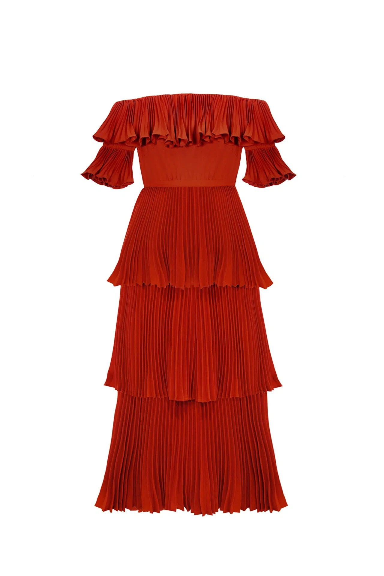 Self Portrait Flounced Off the Shoulder Pleated Maxi Dress Crimson Red Size  6 | The Volte